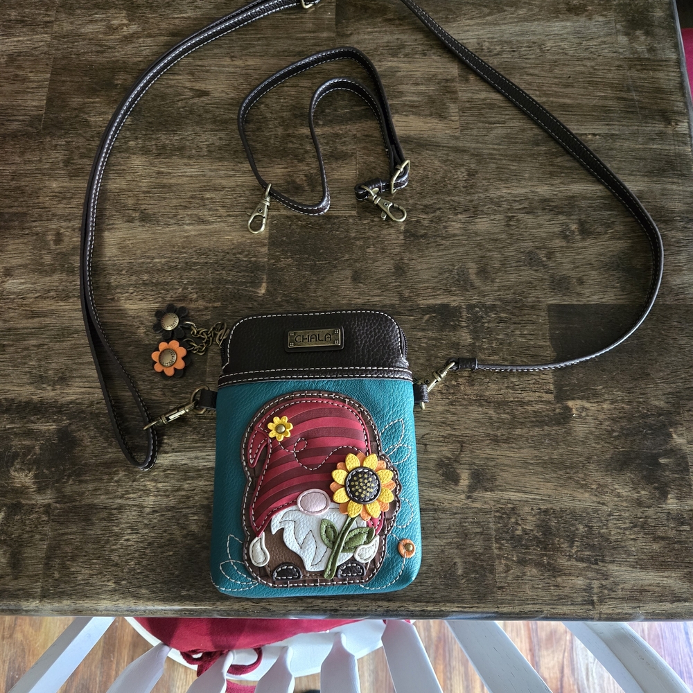 Teal Crossbody Bag with Gnome and Sunflower Design